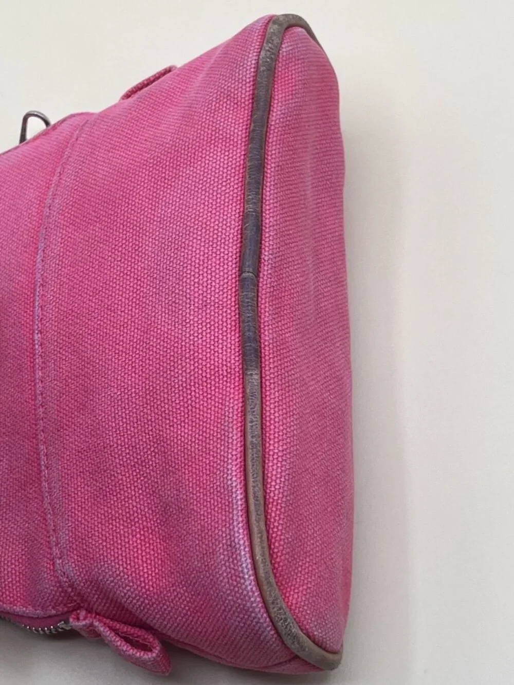 Hermes Cosmetic Pouch Pink-Red Canvas Zip Trousse Case Orange Lining Made in Fra